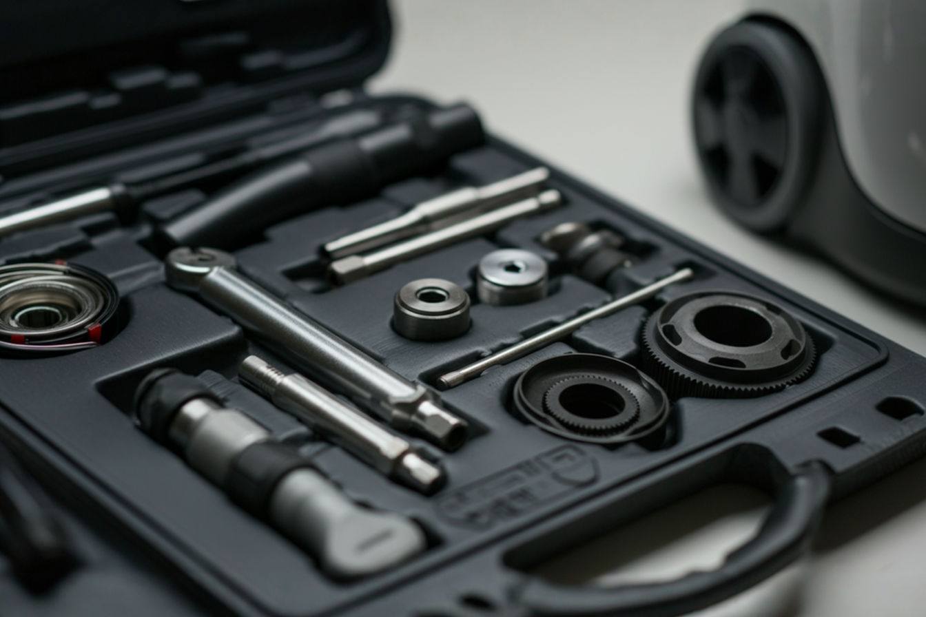 Professional overhead flat-lay photograph of an organized vacuum maintenance kit with various specialized tools arranged neatly against a clean, light background with a vacuum cleaner partially visible in the corner.