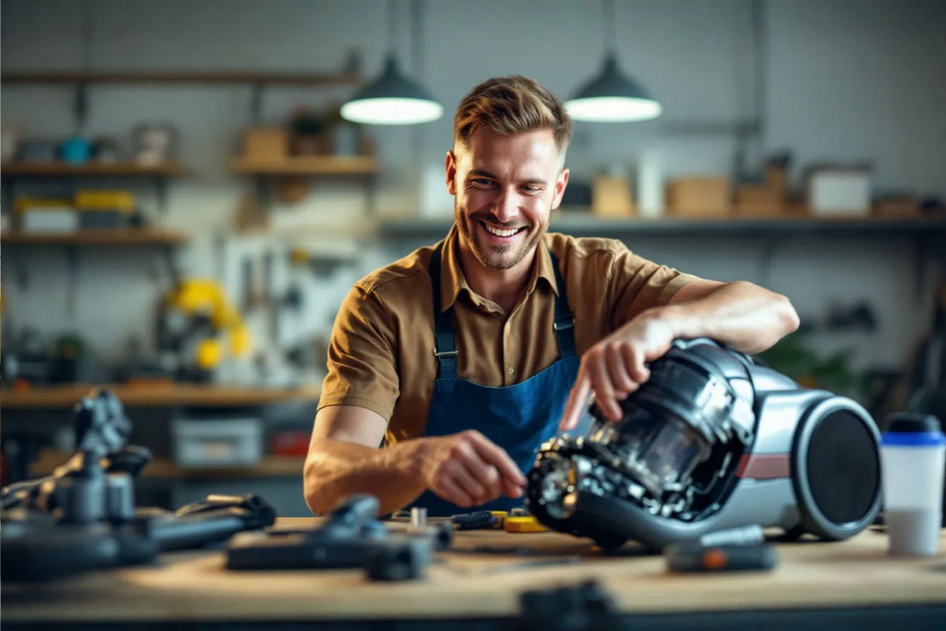 Professional photography style image showing a smiling vacuum repair technician in a clean, organized workshop examining a partially disassembled vacuum cleaner. Warm lighting highlights tools and equipment on the workbench while the technician points to a specific component, conveying expertise and approachability. Background softly blurred to emphasize the human element of professional repair services.