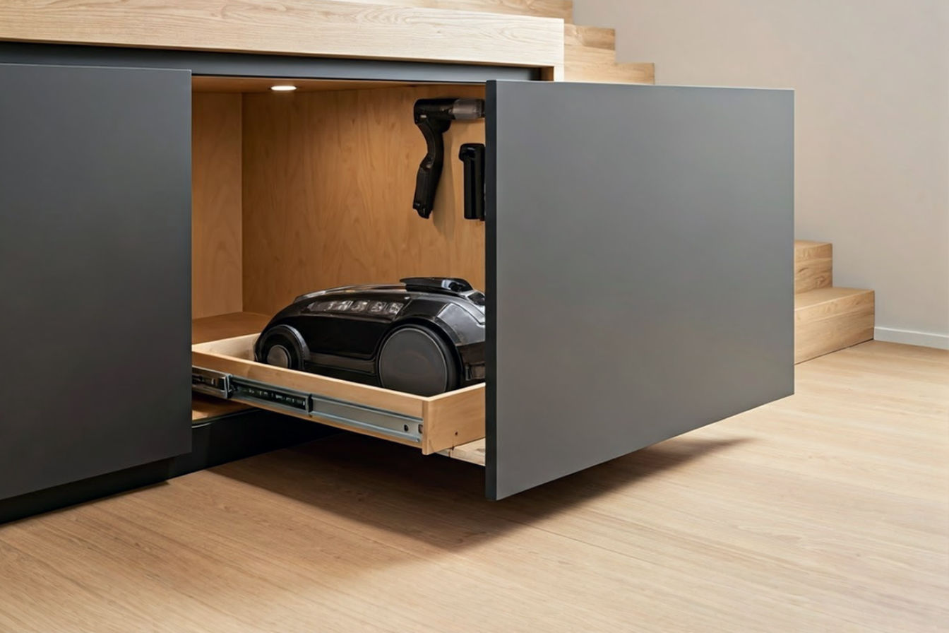 A professional photograph showing a sleek, custom under-stair cabinet with a pull-out drawer partially extended, revealing a neatly stored vacuum cleaner and organized attachments. The cabinet door features a minimalist design that blends seamlessly with the staircase while warm lighting highlights the smart storage solution in an otherwise unused space.