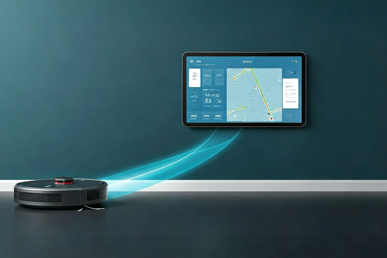 A modern, minimalist smart home interior featuring a sleek robot vacuum in the foreground with cleaning path visualization displayed as a glowing trail behind it. On the wall, a mounted tablet displays a colorful smart home dashboard with cleaning maps, status indicators, and performance metrics. The image should have a clean, tech-forward aesthetic with soft ambient lighting and a palette of white, gray, and accent blues to convey a sense of intelligent home technology working seamlessly in a contemporary living space.