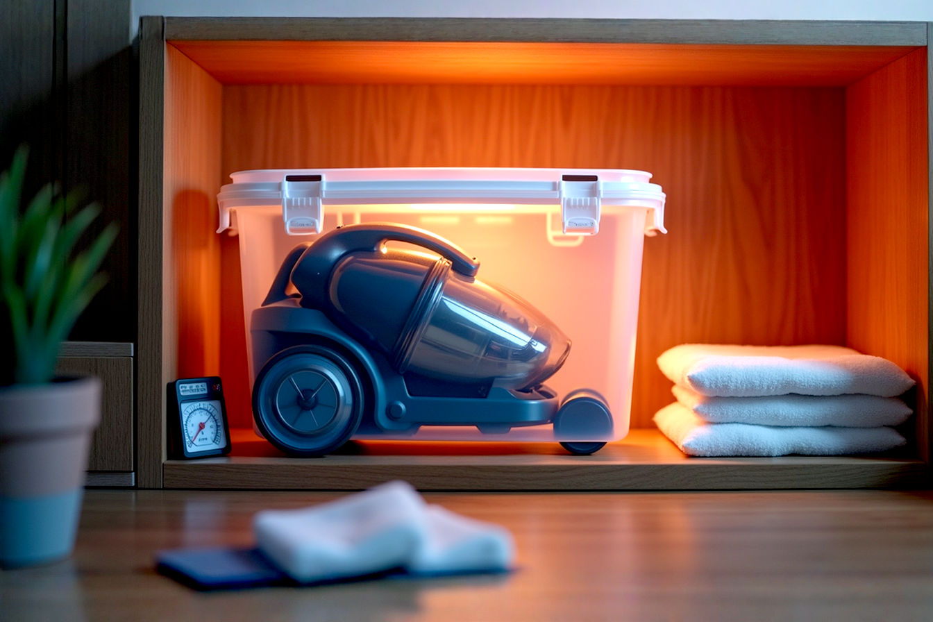 A professional photograph showing a high-end vacuum cleaner partially visible inside a clear storage container. The container sits on a wooden shelf with visible silica gel packets strategically placed around it. A small hygrometer is visible nearby, displaying humidity levels. The lighting creates a clean, organized appearance with soft shadows and a slightly desaturated color palette that emphasizes the protective environment.