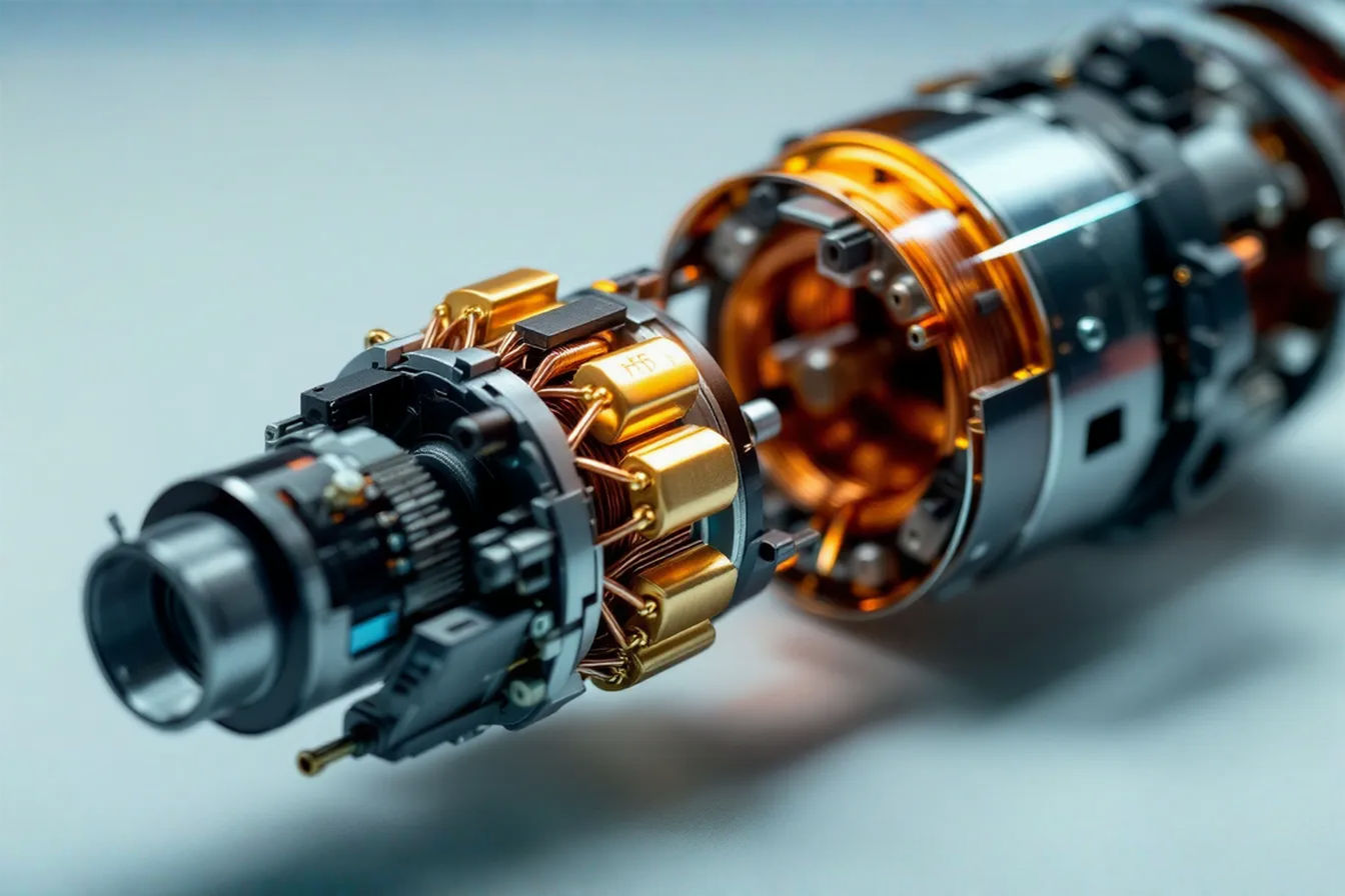 A professional close-up photograph of a disassembled vacuum cleaner motor with visible circuit protection components. The image shows thermal fuses, circuit boards with protection elements, and the copper windings of the motor. The lighting is bright and even, highlighting the technical details against a clean white background. The perspective allows viewers to see both the protection components and the motor they safeguard.