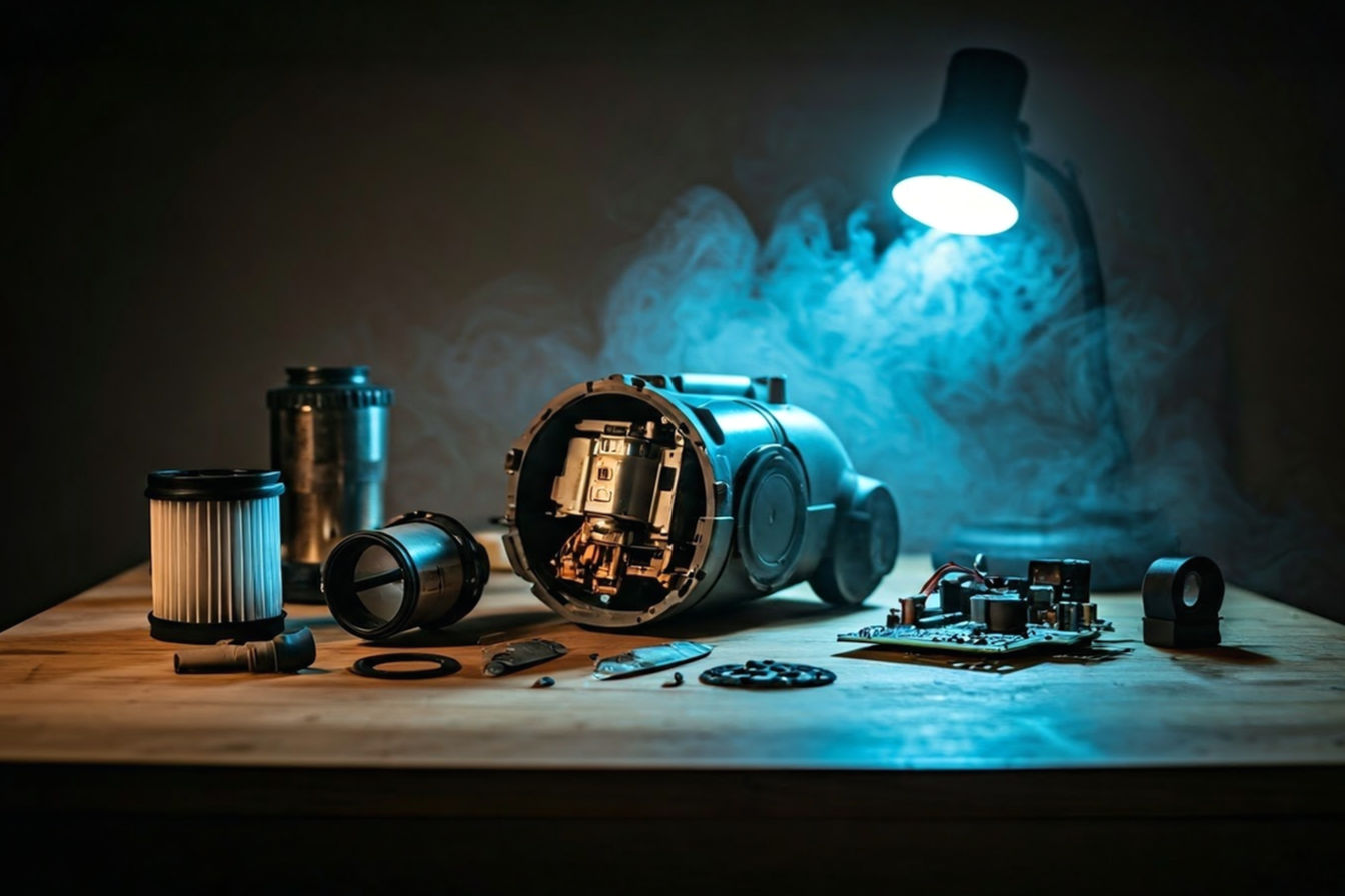 Professional photograph showing an organized workbench with a partially disassembled vacuum cleaner. Various salvaged components (motor, filter, circuit board, attachments) are neatly arranged and labeled around it. Soft natural lighting highlights the intricate mechanical and electrical parts against a clean, neutral background.