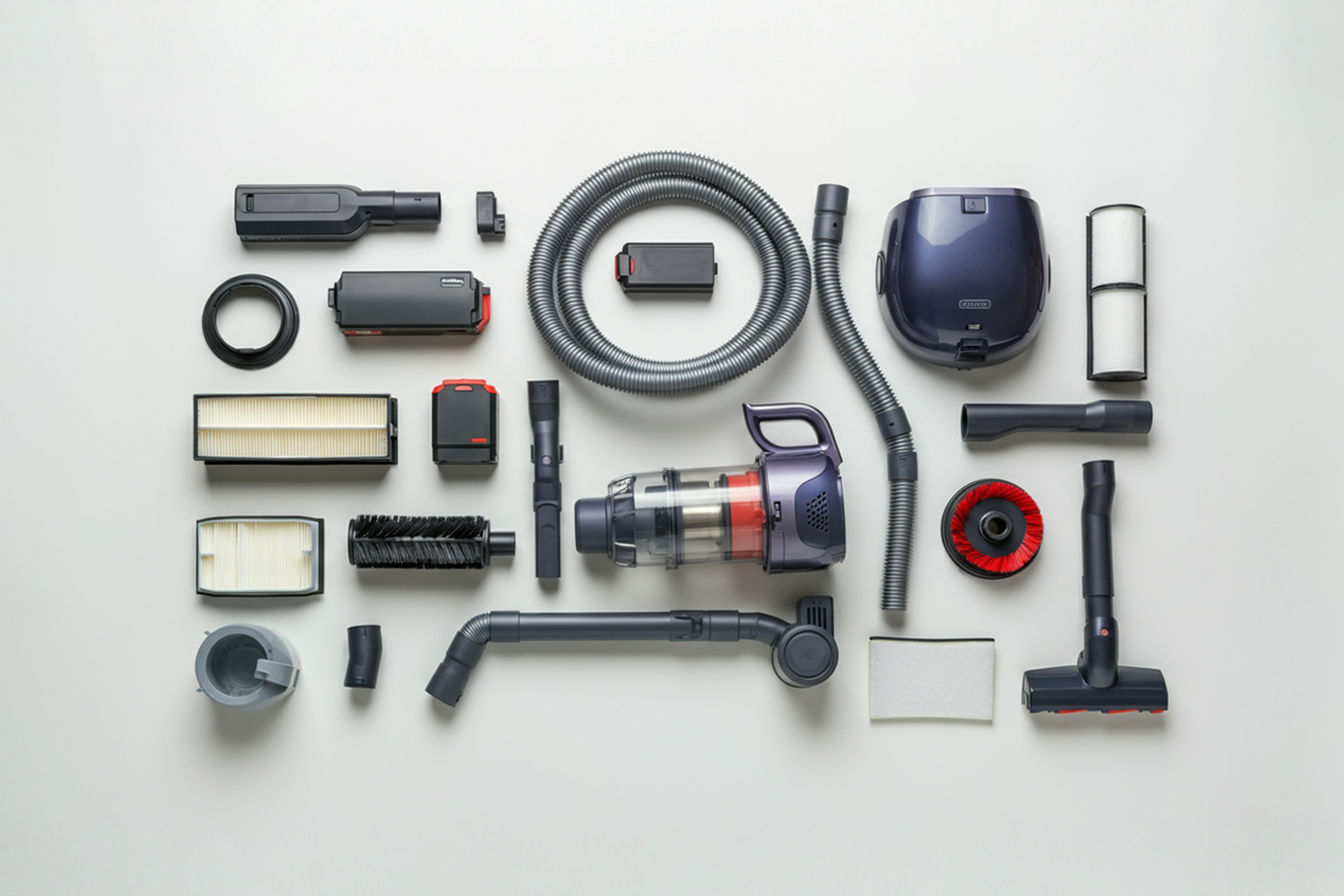 A professional overhead photograph showing a partially disassembled vacuum cleaner with its main components neatly arranged and labeled on a clean white surface. The image clearly displays separated filters, battery, dust container, brush roll, hose, and attachments, demonstrating proper preparation for storage.