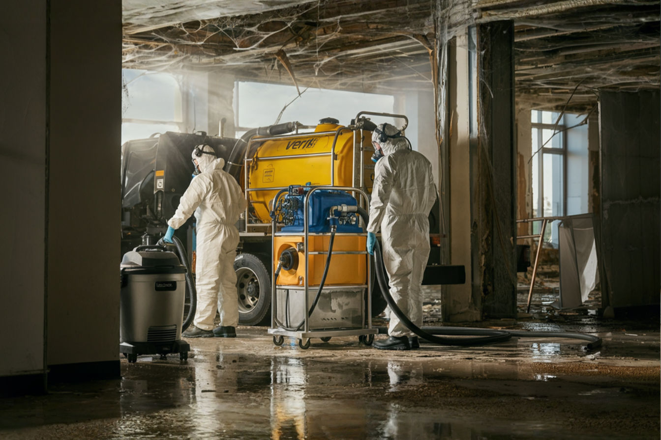 A professional photograph showing restoration technicians in protective gear operating advanced vacuum equipment. The image features two teams from different companies working collaboratively in a partially damaged commercial space. One technician operates a truck-mounted water extraction system while another handles a HEPA vacuum unit. The scene includes visible industry certifications on equipment, proper PPE usage, and safety signage. The composition emphasizes teamwork and professional standards with clean, modern industrial equipment prominently displayed. Natural lighting highlights the organized, methodical approach to restoration work.RetryClaude can make mistakes. Please double-check responses.
