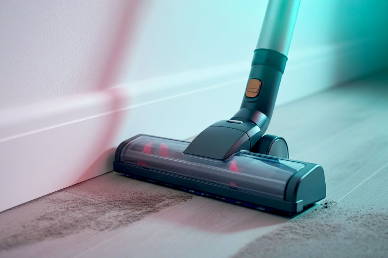 A professional close-up photograph of a modern vacuum cleaner head positioned against a white baseboard. The image should be shot from a low angle to showcase the slim profile of the vacuum head and the minimal gap between it and the wall. Soft, natural lighting highlights the specialized edge brushes extending from the vacuum, with a pristine clean line showing where the vacuum has already passed. The contrast between the clean floor and untouched dust beyond emphasizes the effectiveness of edge cleaning technology.