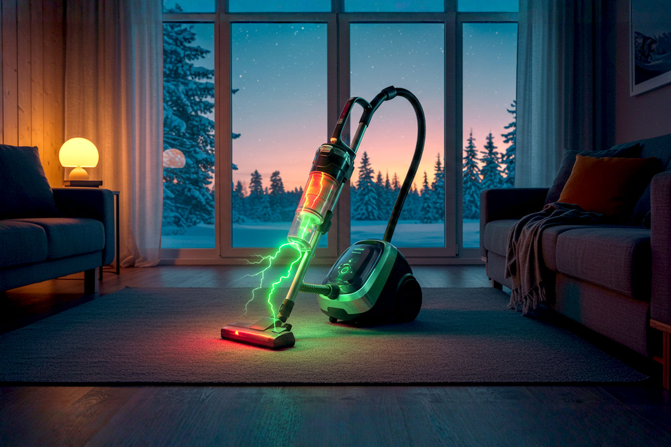 Professional photography style image showing a modern vacuum cleaner positioned in a cozy living room with large windows revealing a snowy winter landscape outside. The vacuum has a visible static electricity arc between the handle and carpet, with warm indoor lighting highlighting the contrast between the heated interior and cold exterior environment.
