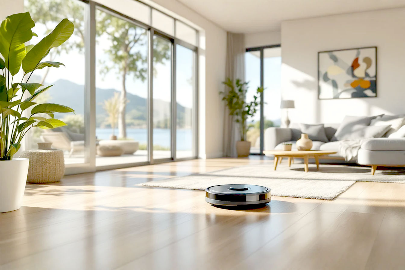Professional photograph showing a modern, sleek robot vacuum cleaning the living room of a stylish vacation home. The space features large windows with a scenic view (beach, mountain, or lake), hardwood floors, and contemporary furnishings. Natural light streams in, highlighting the cleanliness of the space. The vacuum is positioned prominently in the foreground, emphasizing its role in maintaining the pristine condition of the unoccupied property.